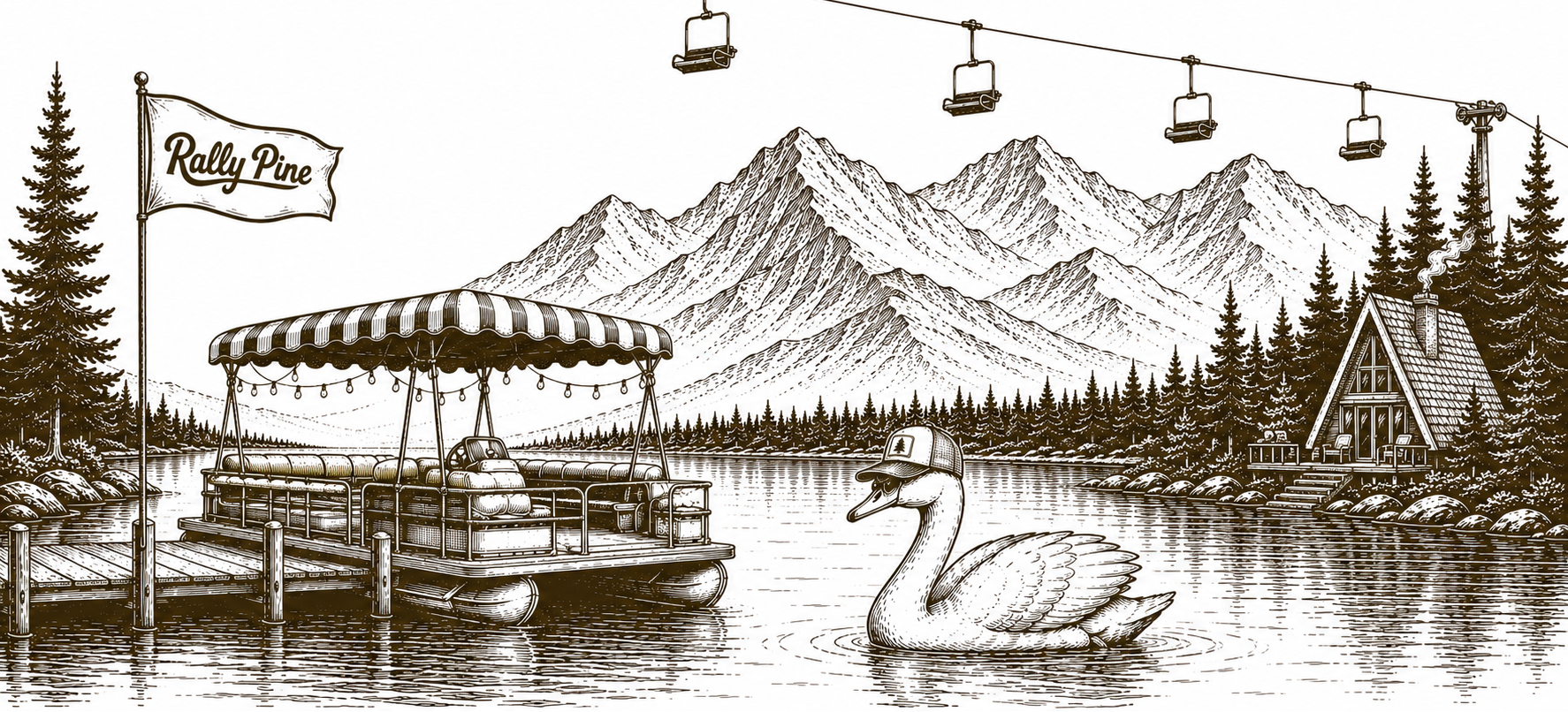 Illustration of a lake scene with a pontoon boat, swan, mountains, and cabin.